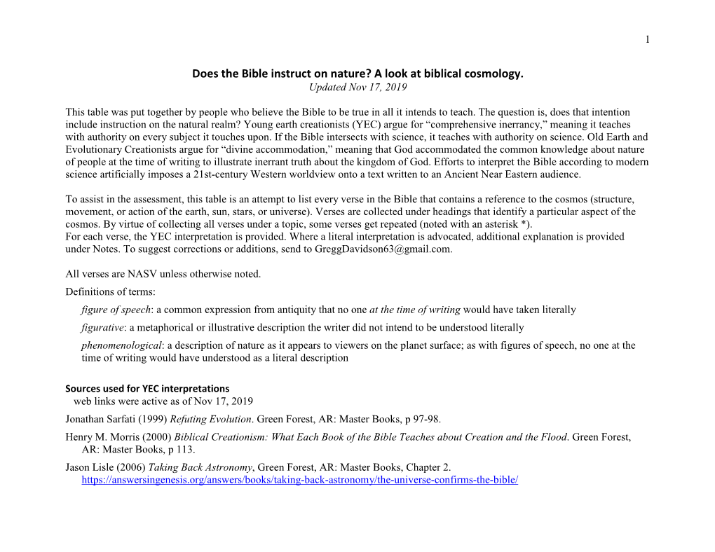 Biblical Cosmology Table