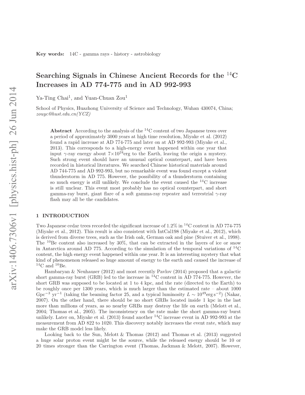 Searching Signals in Chinese Ancient Records for the $^{14} $ C