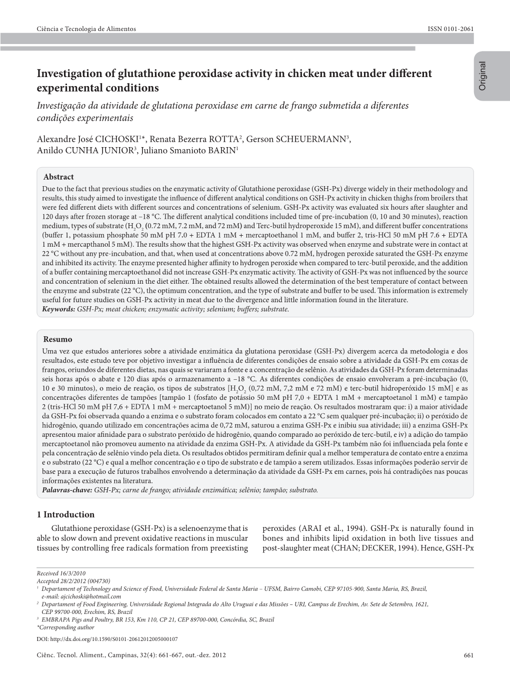 Investigation of Glutathione Peroxidase Activity in Chicken Meat