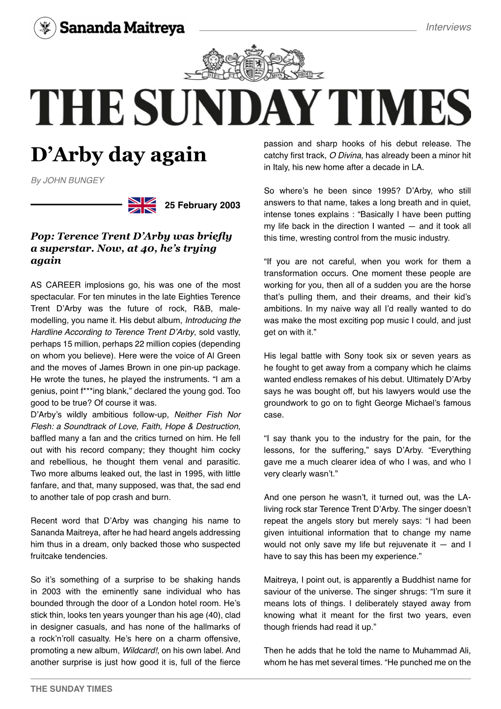 THE SUNDAY TIMES – D'arby Day Again