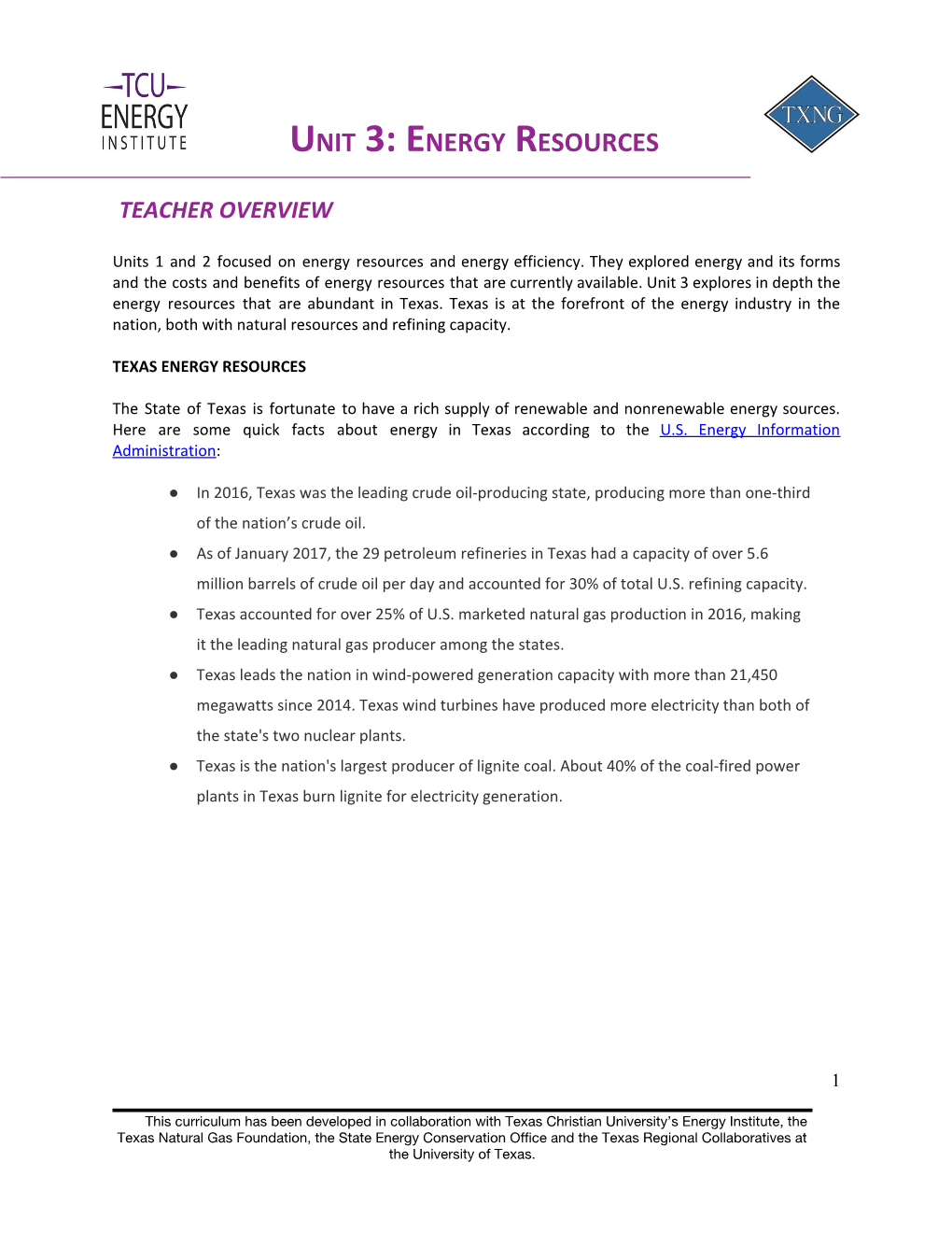 Energy Resources ​ Teacher Overview ​