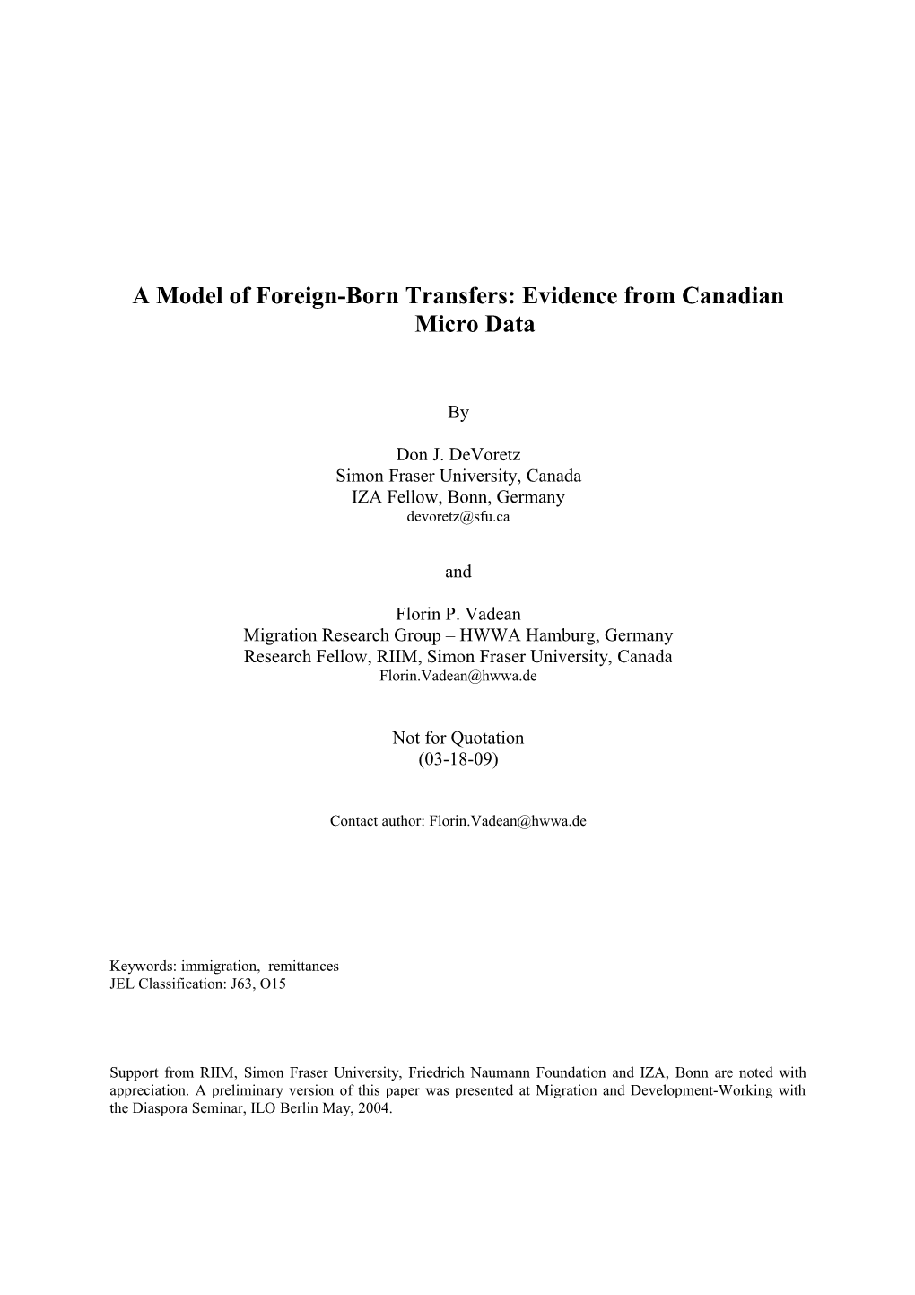 Canadian Immigrant Remittances: Evidence from Micro Data