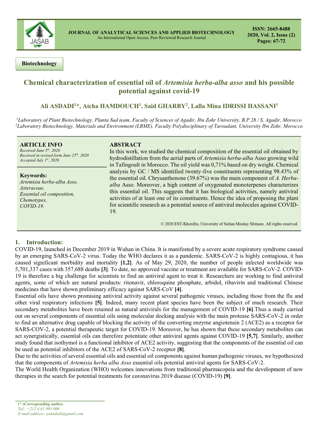 Chemical Characterization of Essential Oil of Artemisia Herba-Alba Asso and His Possible Potential Against Covid-19