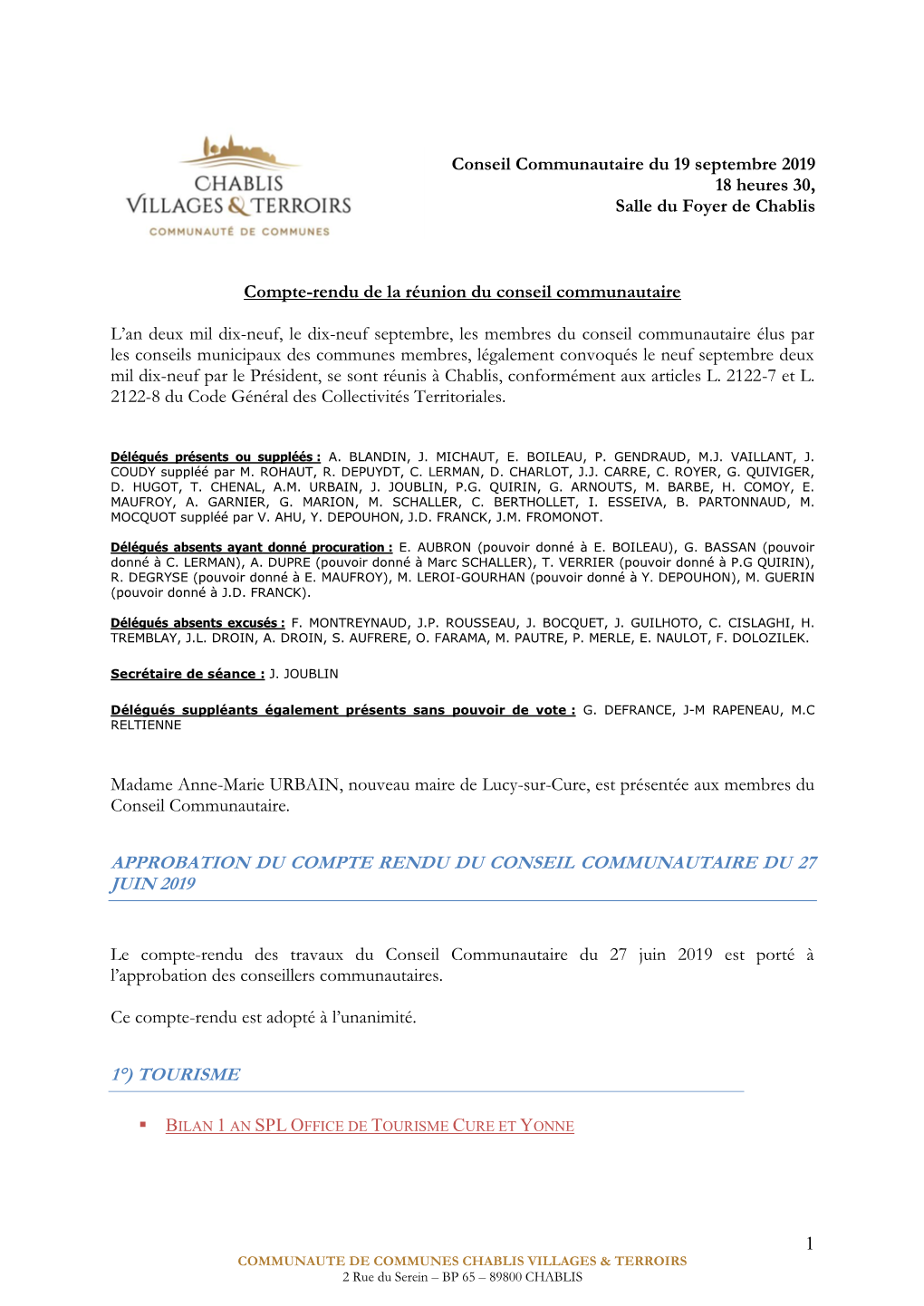 Compte Rendu Du Conseil Communautaire Du 19 Septembre 2019