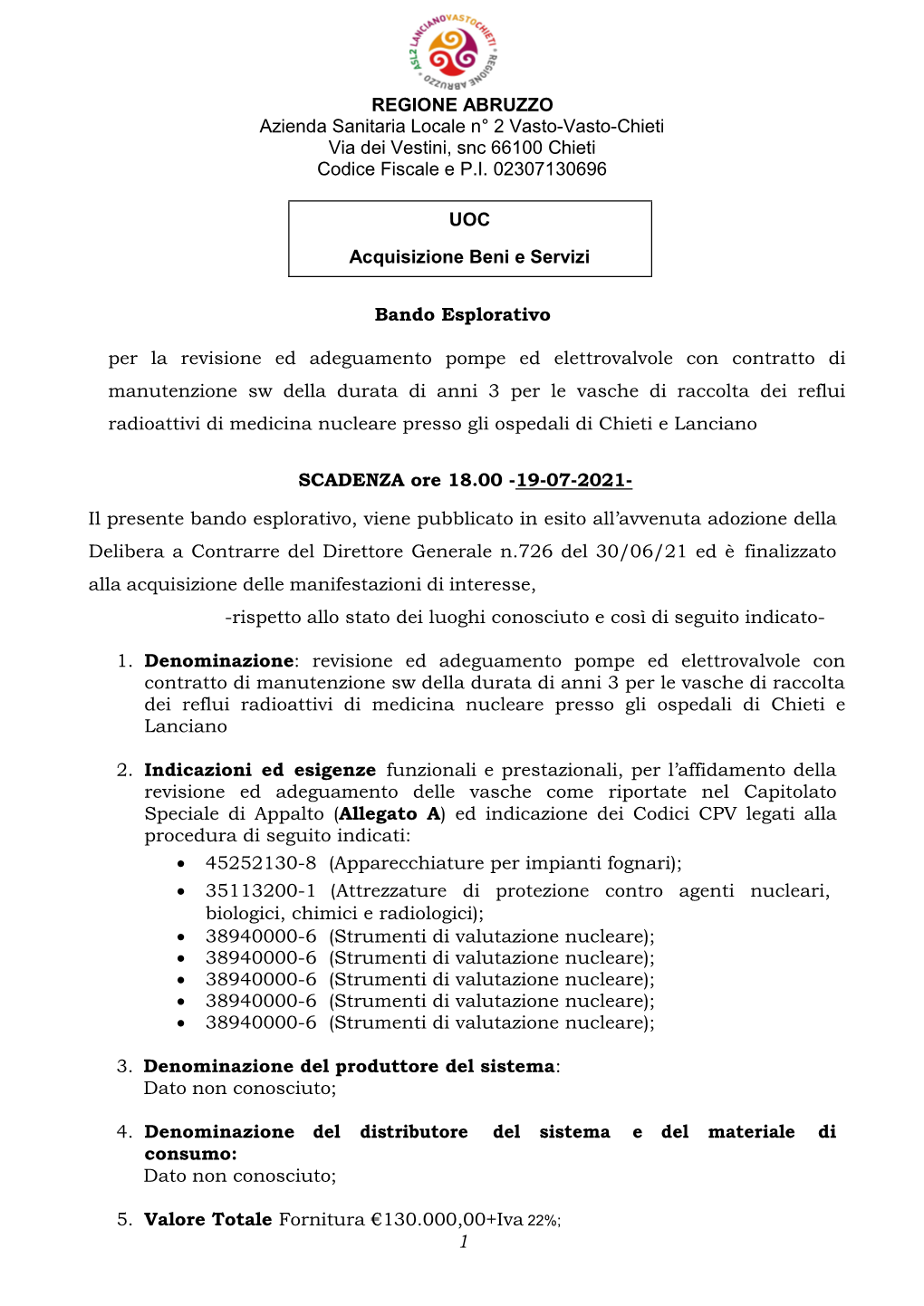 1 REGIONE ABRUZZO Azienda Sanitaria Locale N° 2 Vasto-Vasto