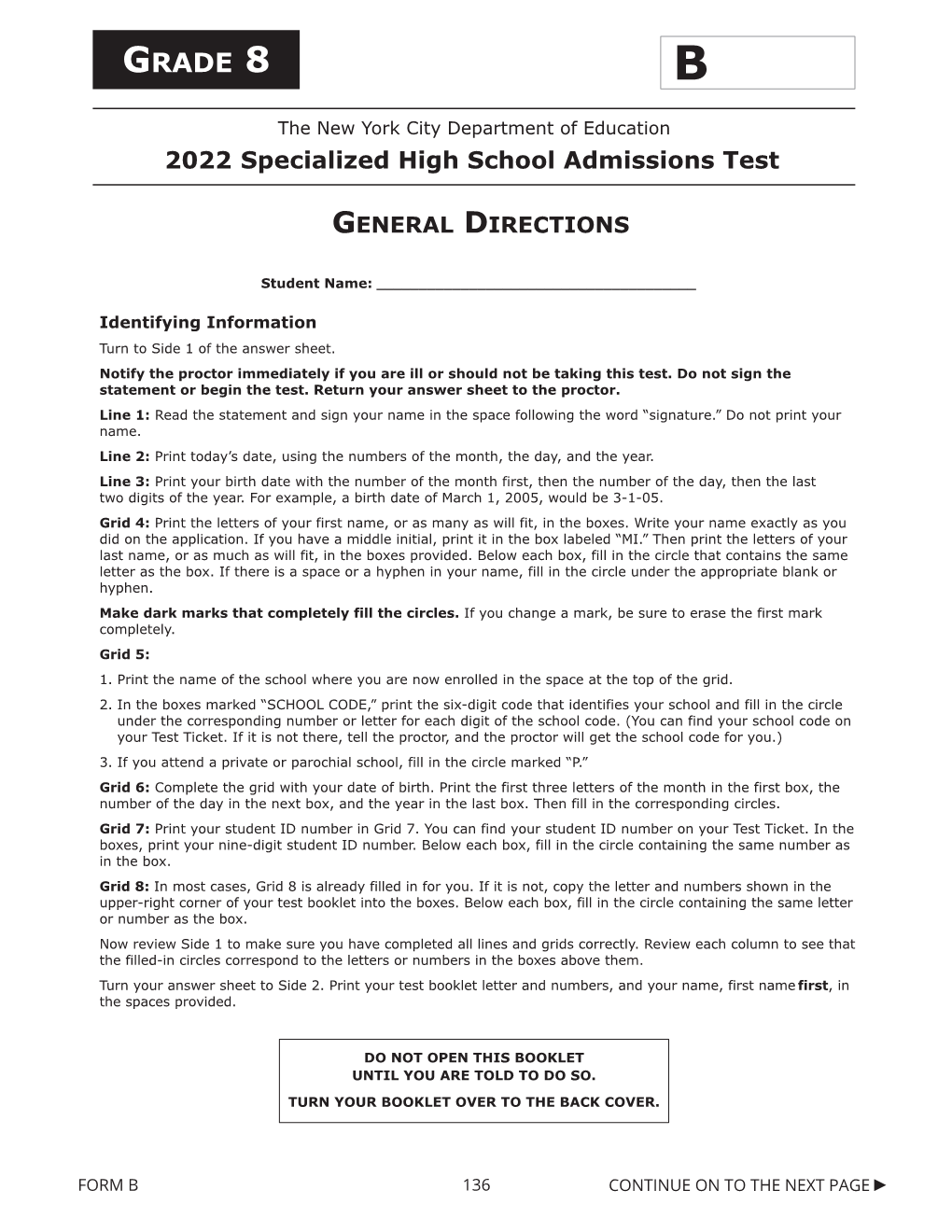 2022 Specialized High School Admissions Test