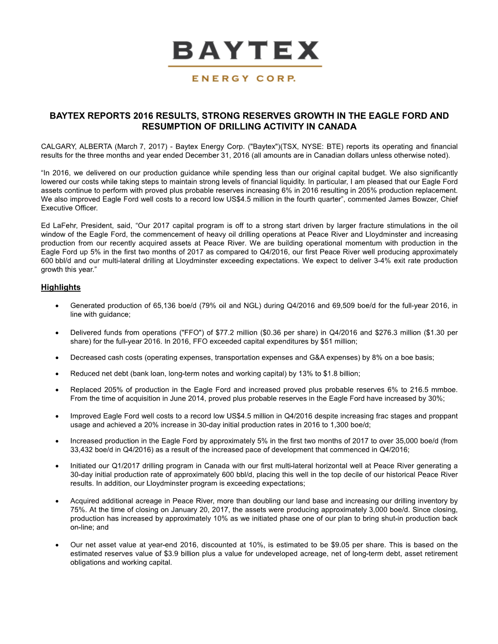 Baytex Reports 2016 Results, Strong Reserves Growth in the Eagle Ford and Resumption of Drilling Activity in Canada