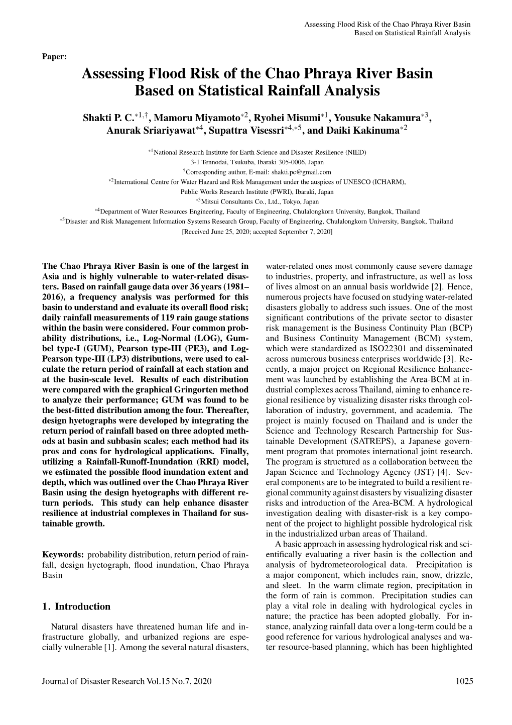 Assessing Flood Risk of the Chao Phraya River Basin Based on Statistical Rainfall Analysis