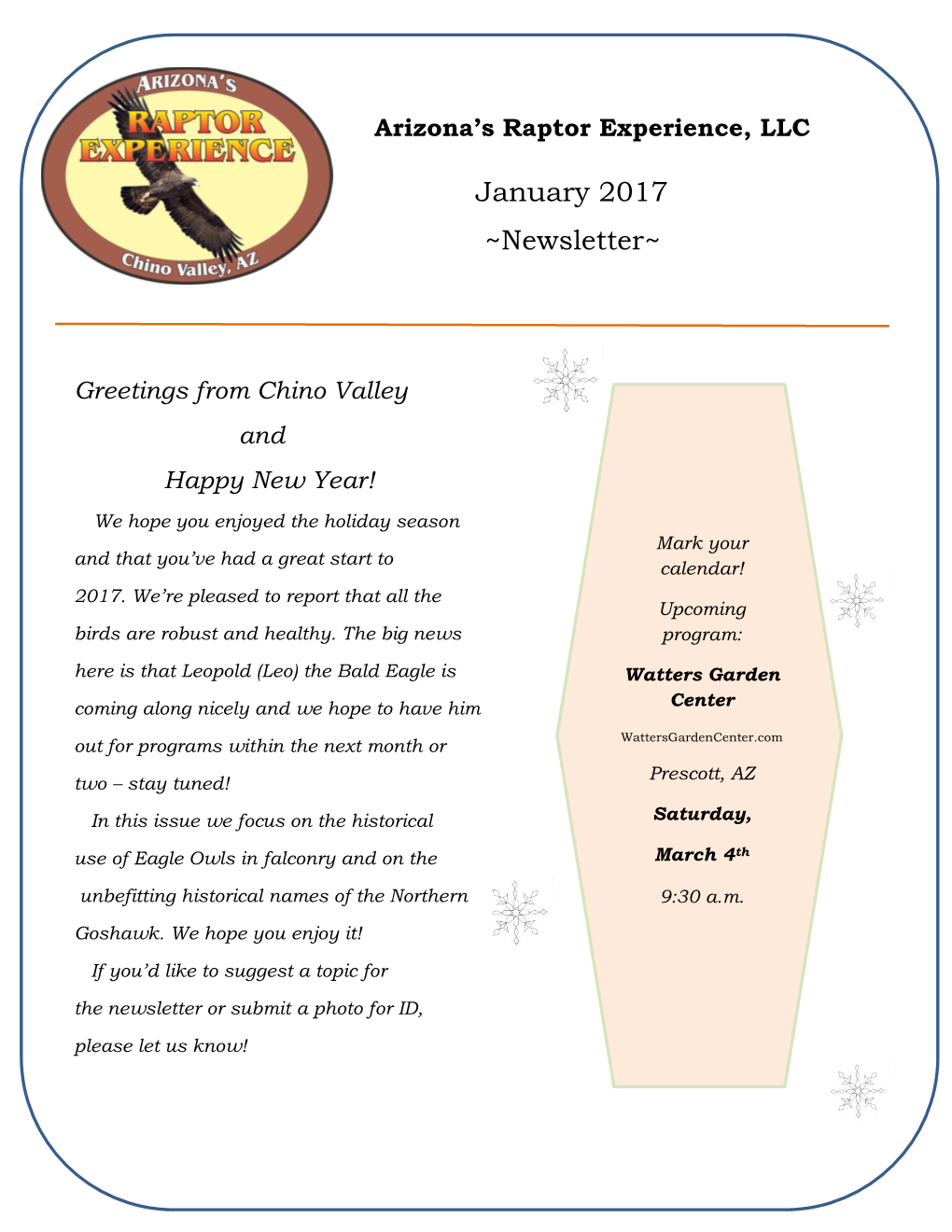 January 2017 ~Newsletter~