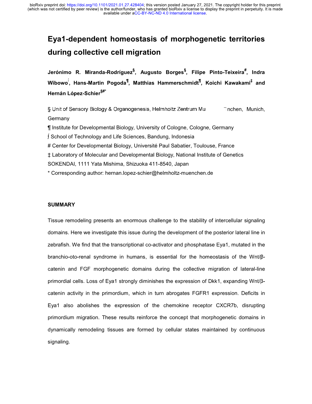 Eya1-Dependent Homeostasis of Morphogenetic Territories During Collective Cell Migration