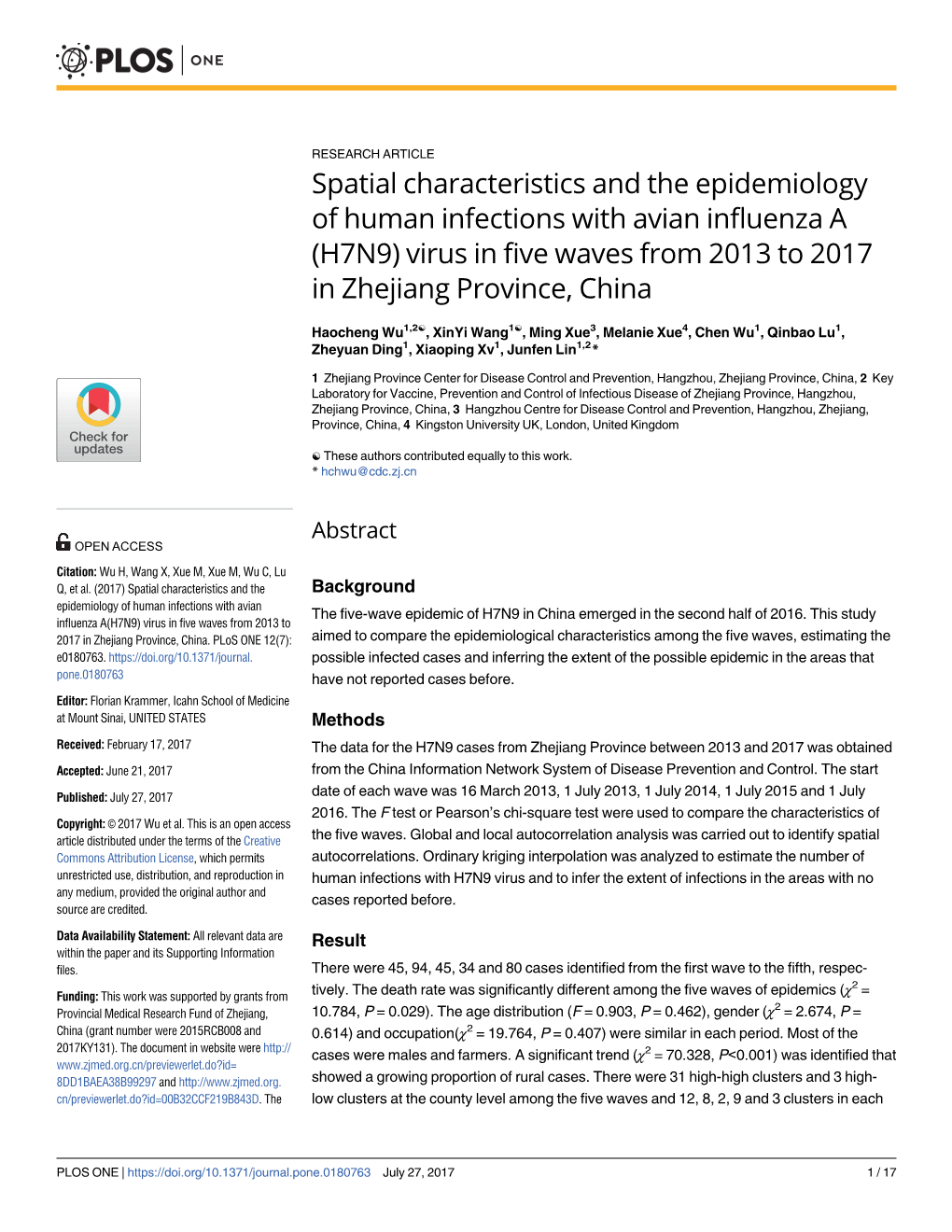 (H7N9) Virus in Five Waves from 2013 to 2017 in Zhejiang Province, China