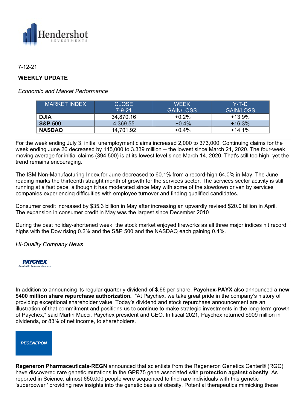 WEEKLY UPDATE Economic and Market Performance HI-Quality