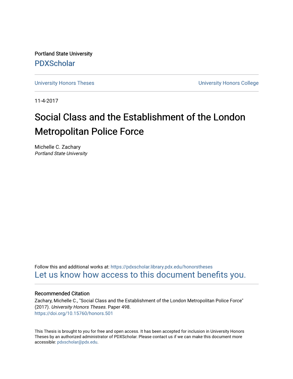 Social Class and the Establishment of the London Metropolitan Police Force