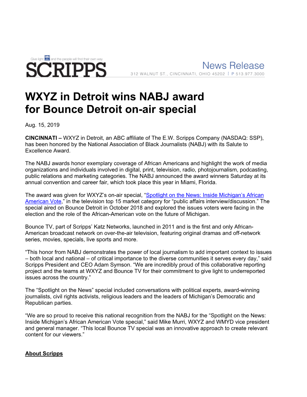 WXYZ in Detroit Wins NABJ Award for Bounce Detroit On-Air Special