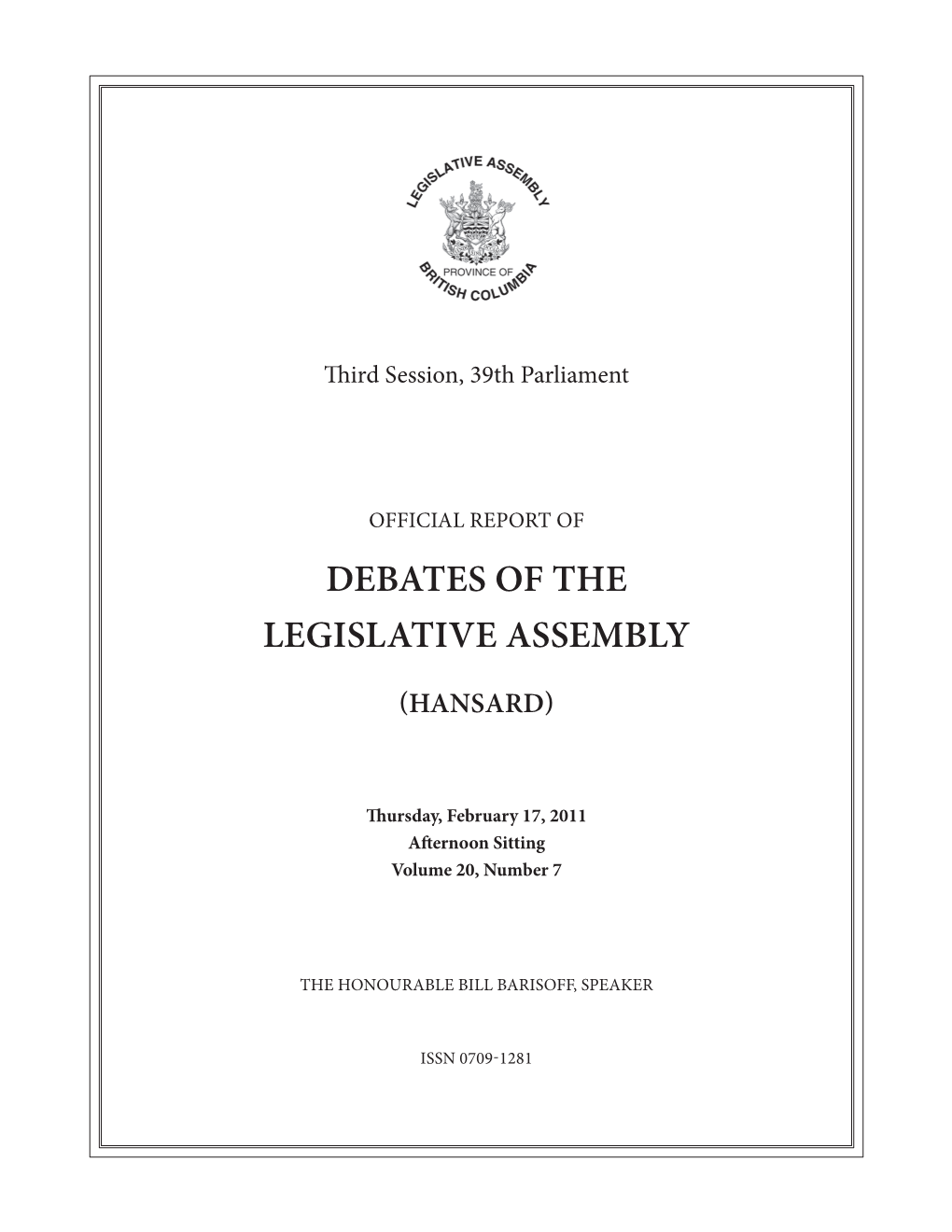 Debates of the Legislative Assembly