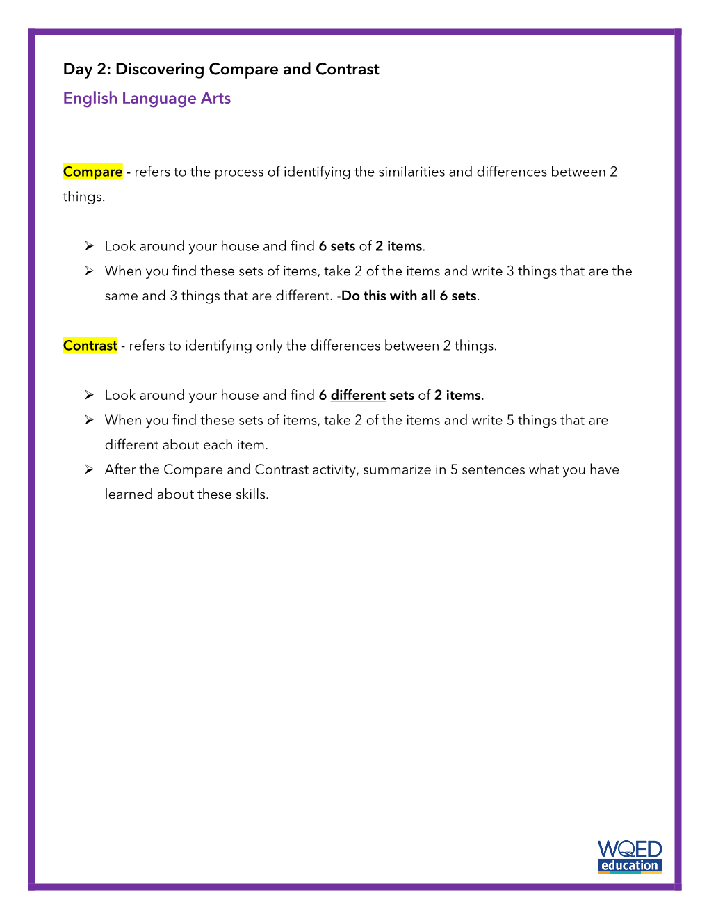 Day 2: Discovering Compare and Contrast English Language Arts