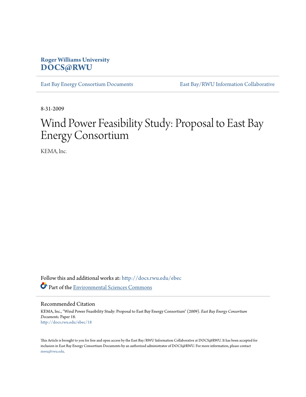 Wind Power Feasibility Study: Proposal to East Bay Energy Consortium KEMA, Inc