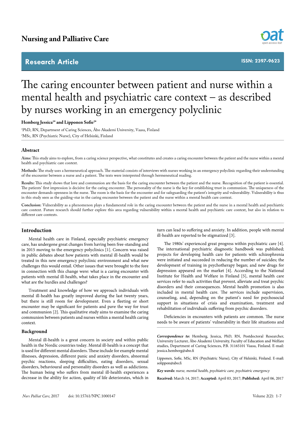 The Caring Encounter Between Patient and Nurse Within a Mental Health and Psychiatric Care Context