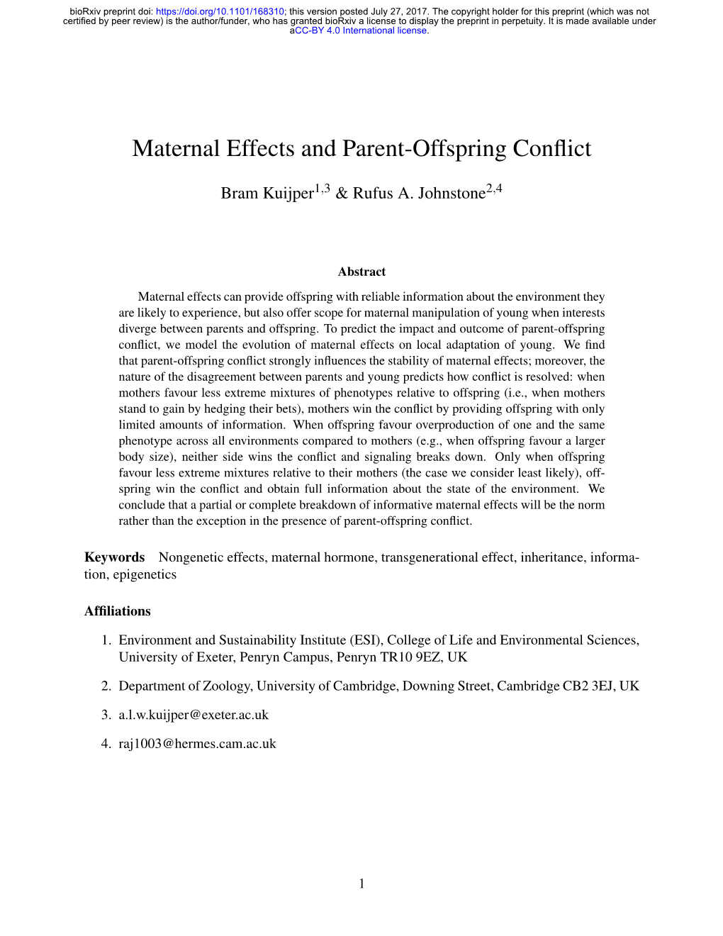 Maternal Effects and Parent-Offspring Conflict