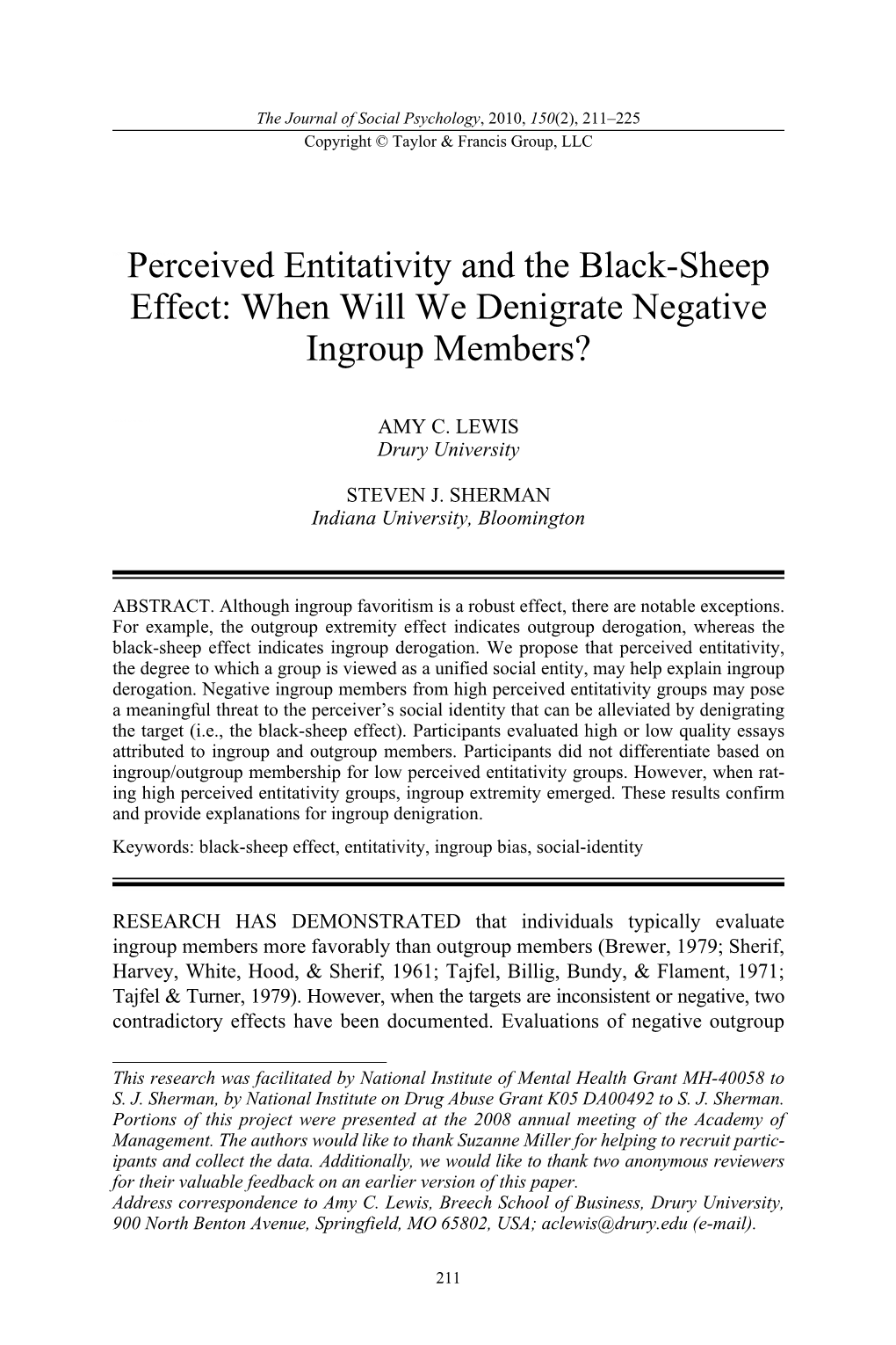 Perceived Entitativity and the Black-Sheep Effect: When Will We Denigrate Negative Ingroup Members?