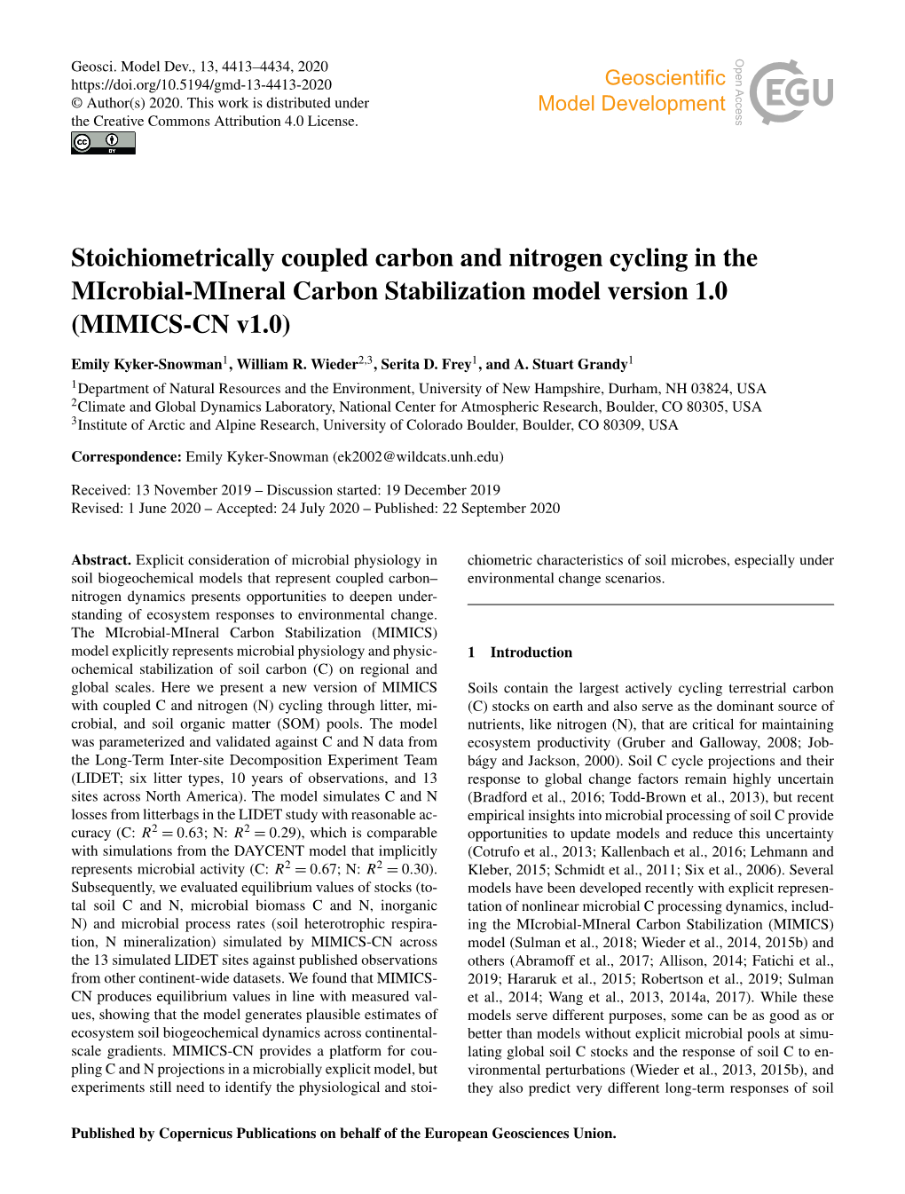 Stoichiometrically Coupled Carbon and Nitrogen Cycling in the Microbial-Mineral Carbon Stabilization Model Version 1.0 (MIMICS-CN V1.0)