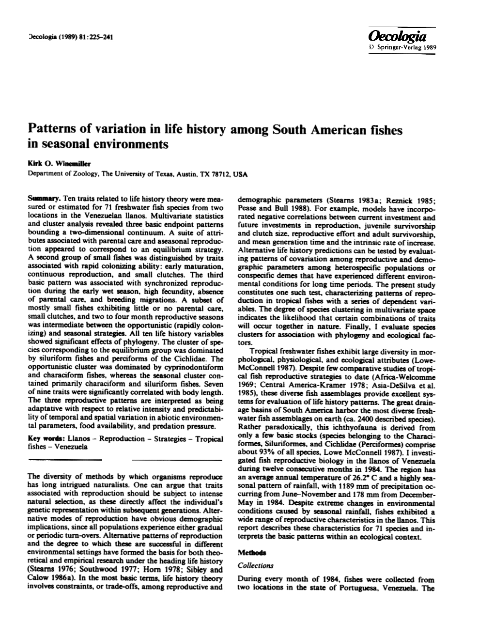 Patterns of Variation in Life History Among South American Fishes in Seasonalenvironments