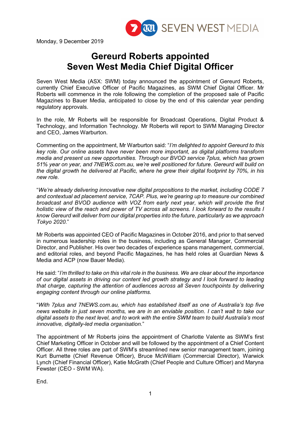 Gereurd Roberts Appointed Seven West Media Chief D