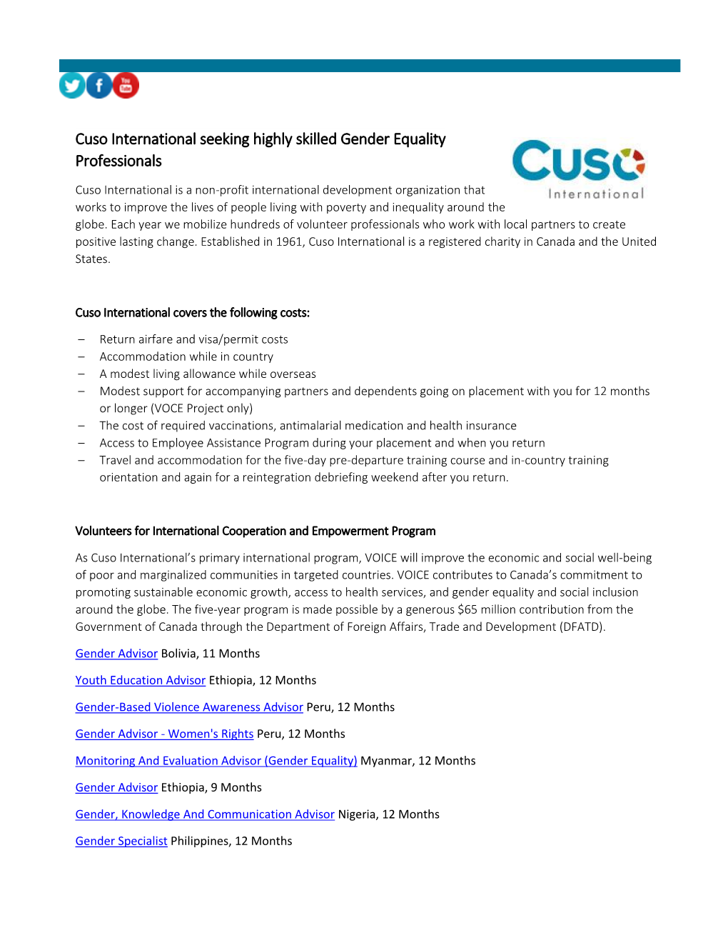 Cuso International Seeking Highly Skilled Gender Equality Professionals