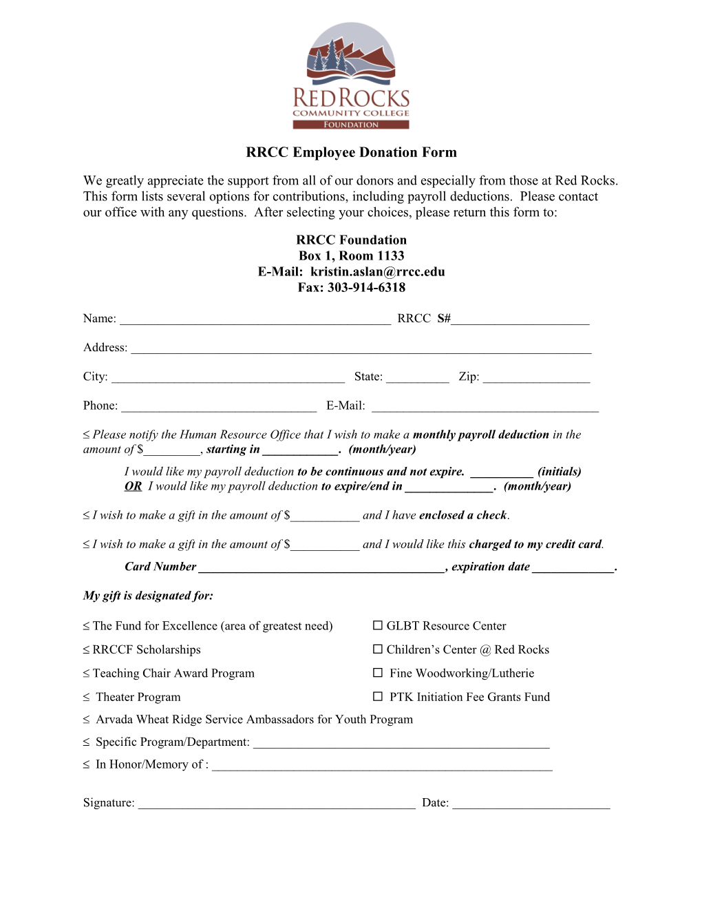 RRCC Employee Payroll Deduction Donation Form