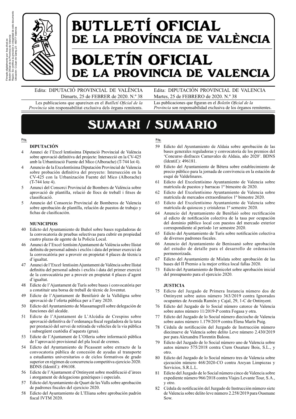 DIPUTACIÓ PROVINCIAL DE VALÈNCIA Edita: DIPUTACIÓN PROVINCIAL DE VALENCIA Dimarts, 25 De FEBRER De 2020