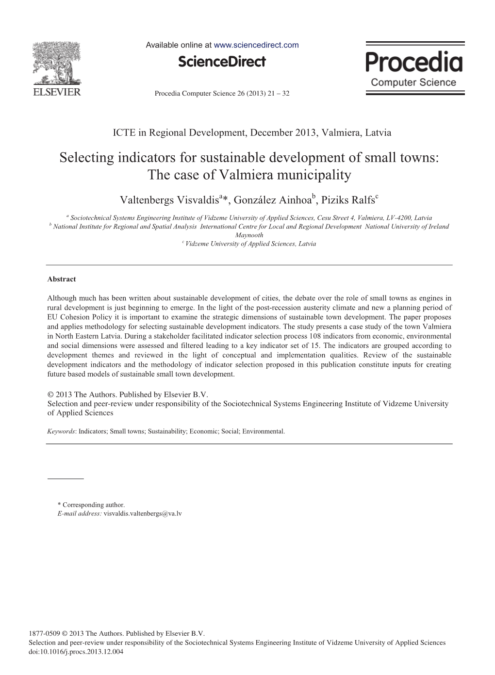 Selecting Indicators for Sustainable Development of Small Towns: the Case of Valmiera Municipality