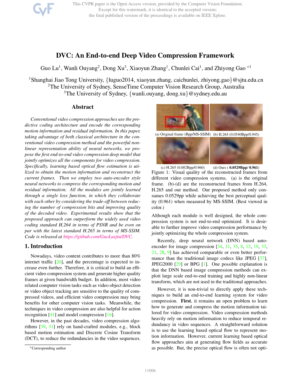 DVC: an End-To-End Deep Video Compression Framework