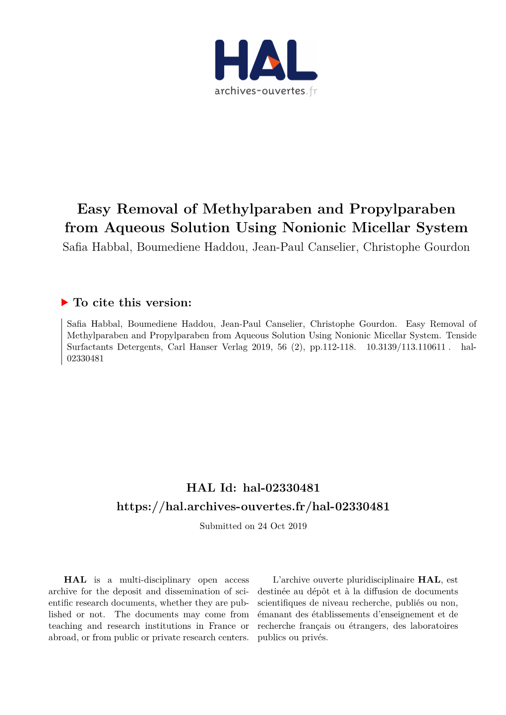 Easy Removal of Methylparaben and Propylparaben from Aqueous
