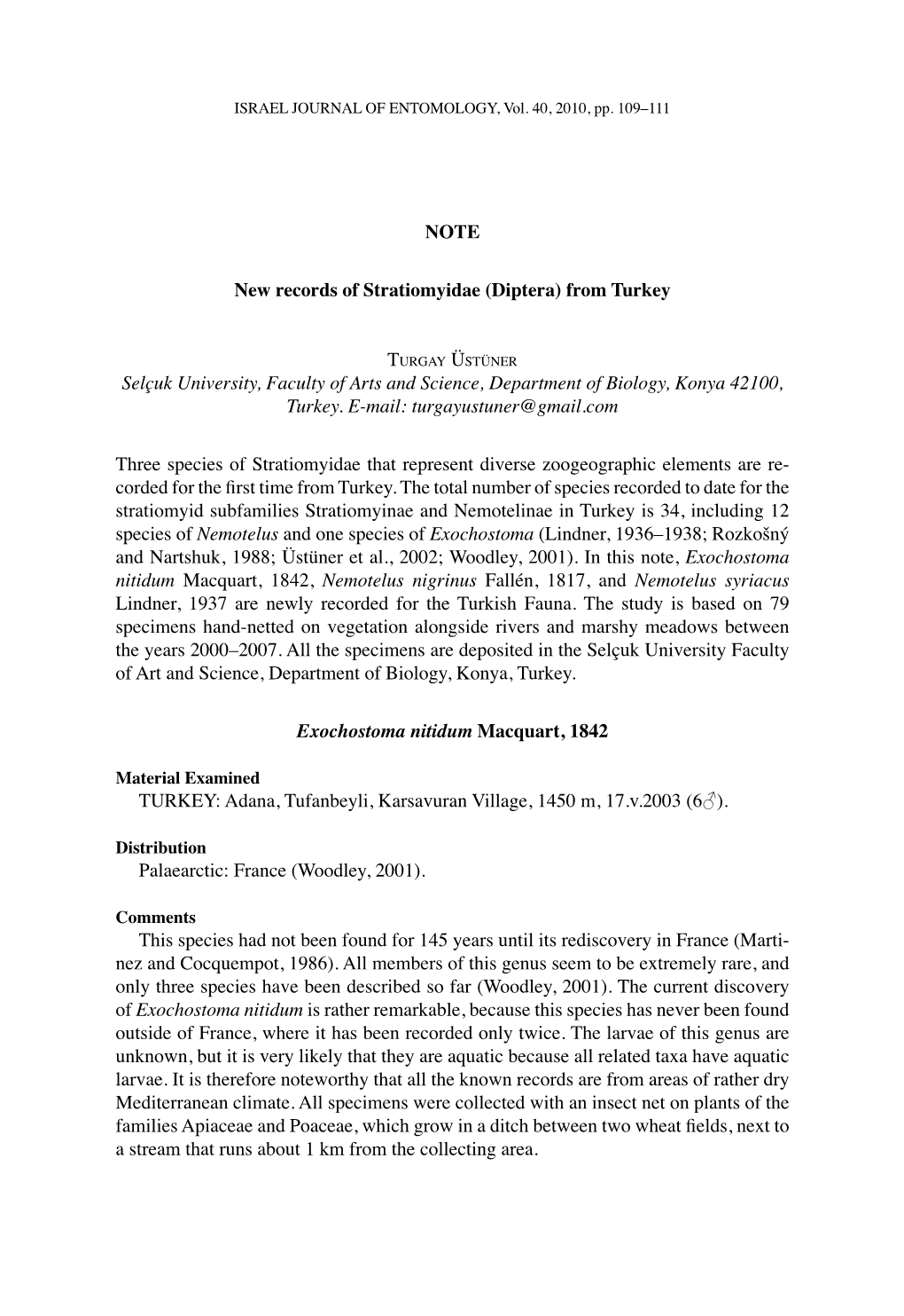 Note New Records of Stratiomyidae (Diptera) from Turkey Selçuk University, Faculty of Arts and Science, Department of Biology