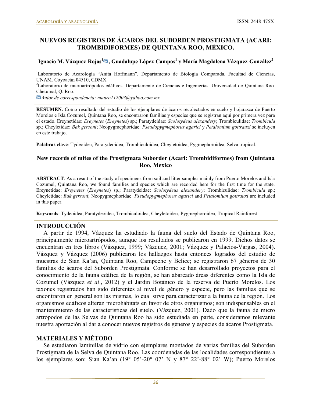 Nuevos Registros De Ácaros Del Suborden Prostigmata (Acari: Trombidiformes) De Quintana Roo, México