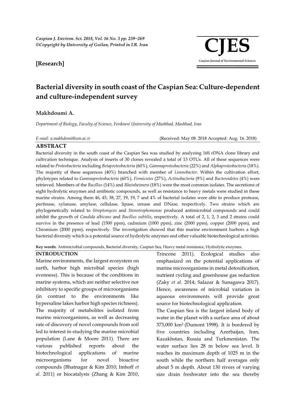 Bacterial Diversity in South Coast of the Caspian Sea: Culture-Dependent and Culture-Independent Survey