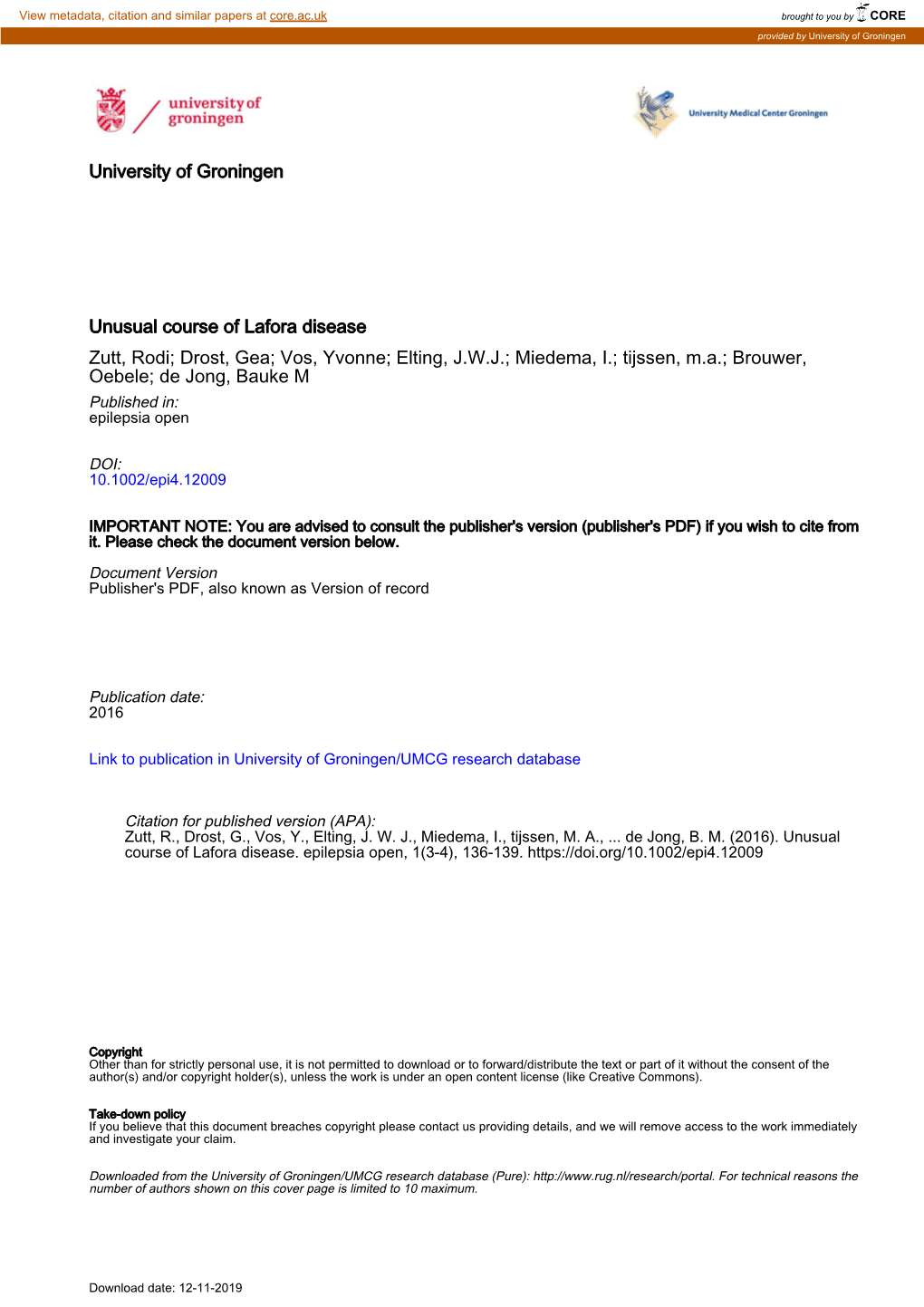 Unusual Course of Lafora Disease