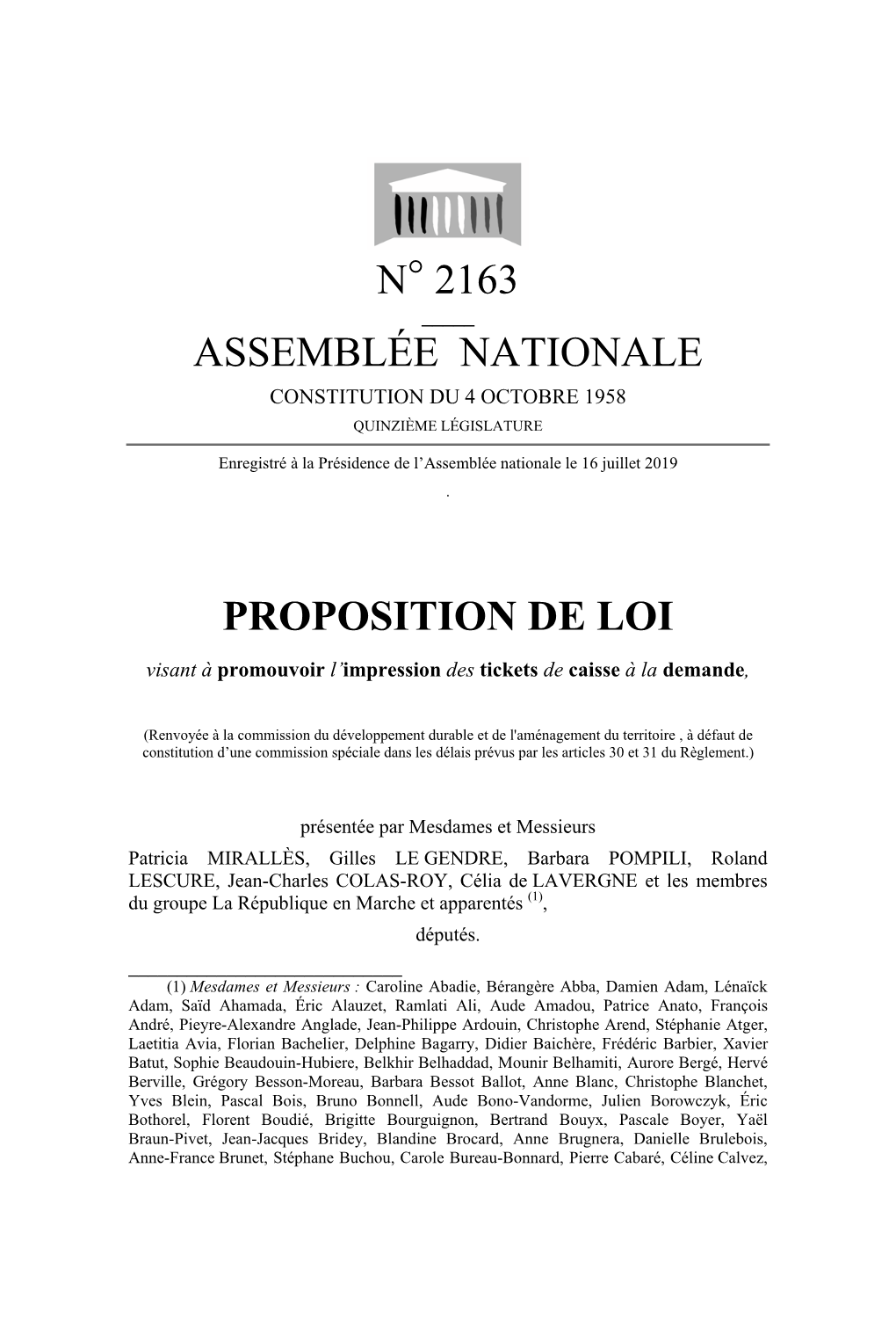 N° 2163 Assemblée Nationale Proposition De