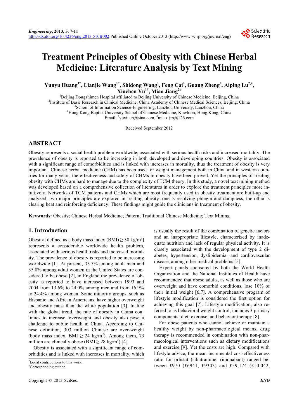 Treatment Principles of Obesity with Chinese Herbal Medicine: Literature Analysis by Text Mining