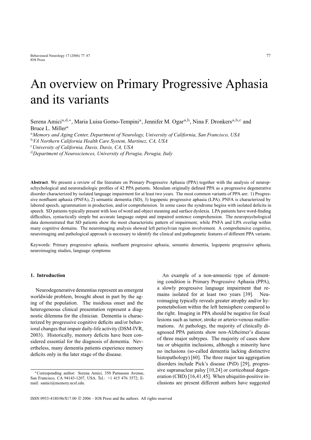 An Overview on Primary Progressive Aphasia and Its Variants