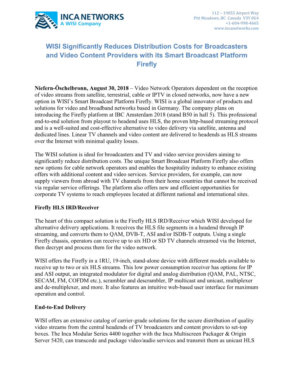 WISI Significantly Reduces Distribution Costs for Broadcasters and Video Content Providers with Its Smart Broadcast Platform Firefly