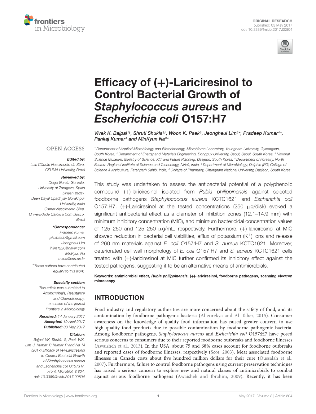 (+)-Lariciresinol to Control Bacterial Growth of Staphylococcus Aureus and Escherichia Coli O157:H7