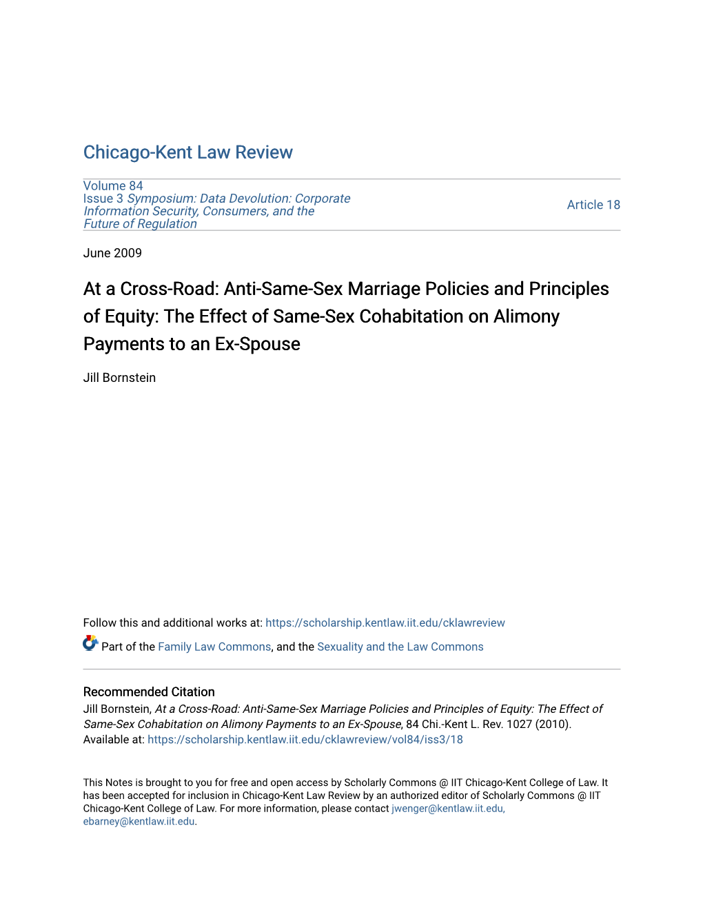 Anti-Same-Sex Marriage Policies and Principles of Equity: the Effect of Same-Sex Cohabitation on Alimony Payments to an Ex-Spouse