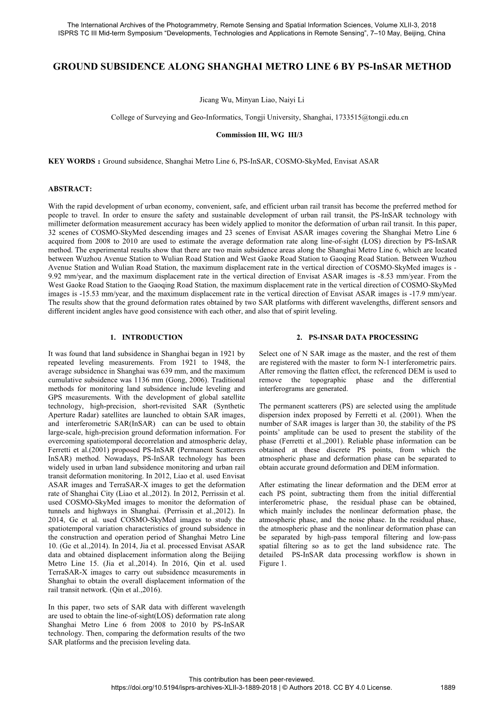 GROUND SUBSIDENCE ALONG SHANGHAI METRO LINE 6 by PS-Insar METHOD