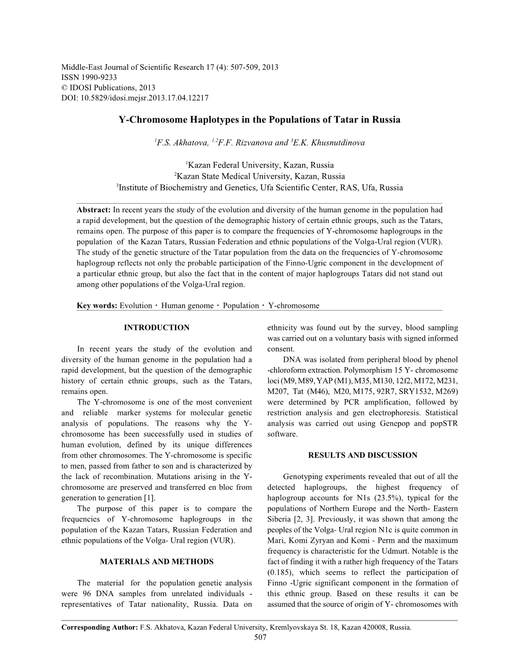 Y-Chromosome Haplotypes in the Populations of Tatar in Russia