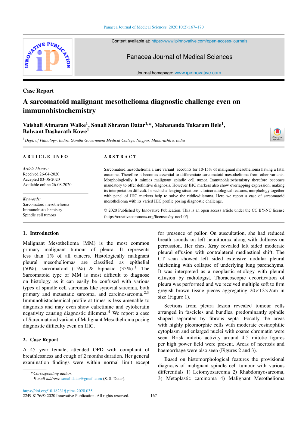 A Sarcomatoid Malignant Mesothelioma Diagnostic Challenge Even on Immunohistochemistry