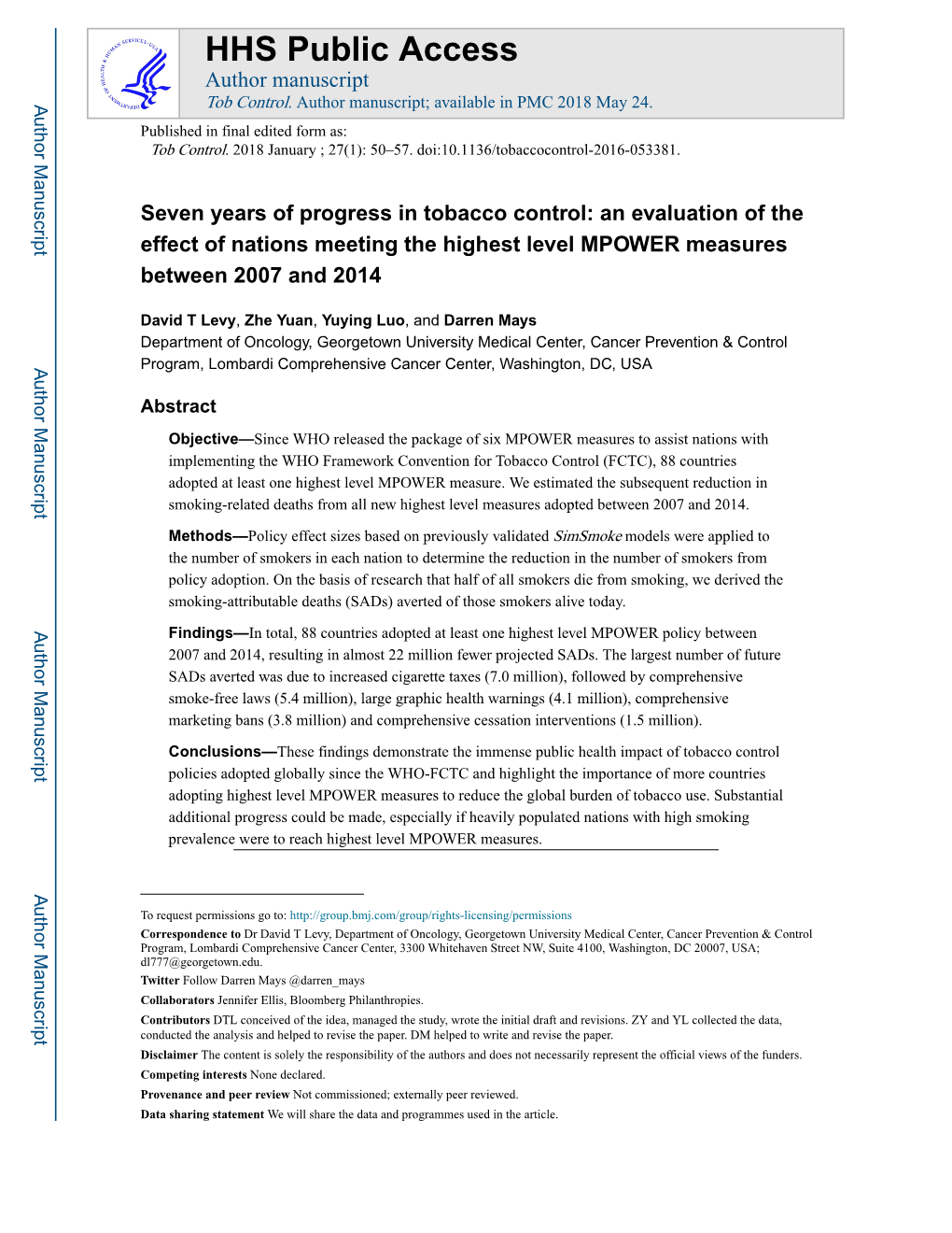 Seven Years of Progress in Tobacco Control: an Evaluation of the Effect of Nations Meeting the Highest Level MPOWER Measures Between 2007 and 2014