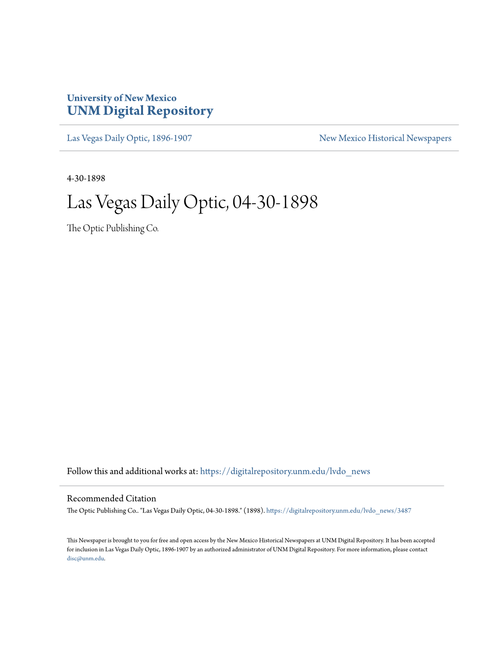 Las Vegas Daily Optic, 04-30-1898 the Optic Publishing Co