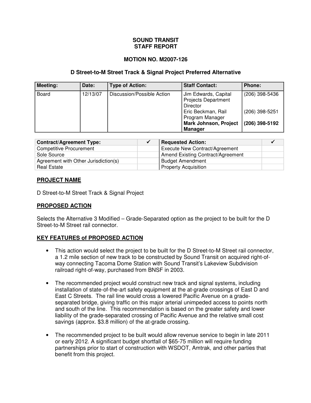Sound Transit Staff Report Motion No. M2007-126 D