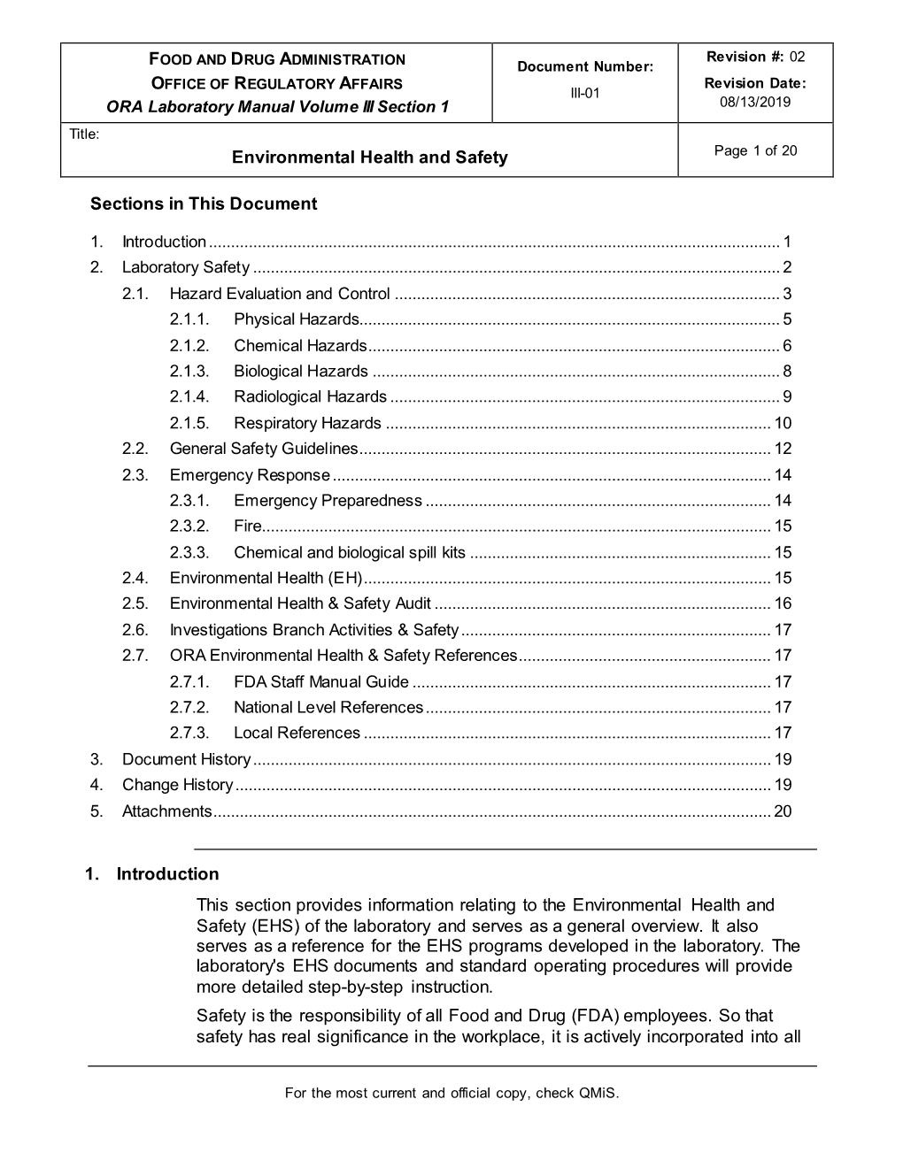 ORA Laboratory Manual Volume III Section 1 08/13/2019 Title: Environmental Health and Safety Page 1 of 20